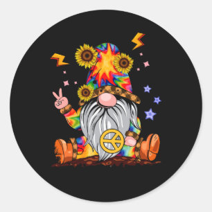 Pegatina Redonda Flor Hippie Gnome Tie Dye Gnome Signo de paz Gnome