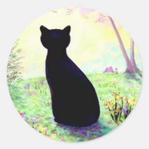 Pegatina Redonda Flor Jardín Floral Negro Cat Creationarts