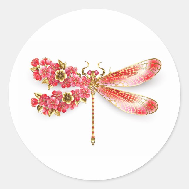 Pegatina Redonda Flor libélula con sakura de joyas (Anverso)
