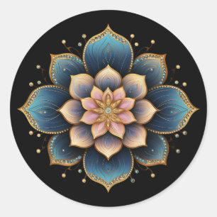 Pegatina Redonda Flor Mandala Lotus con cristales resplandecientes