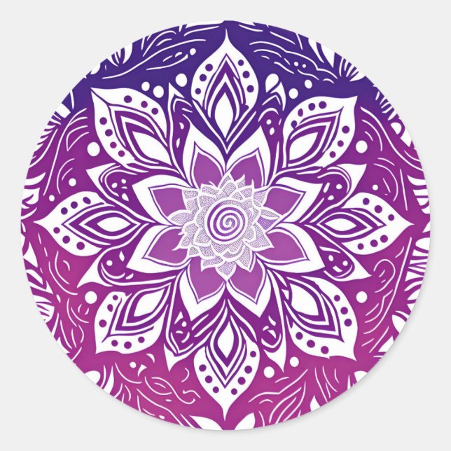 Pegatina Redonda Flor morada de Mandala (Anverso)