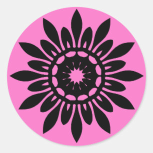 Pegatina Redonda Flor negra linda de la mandala en rosa