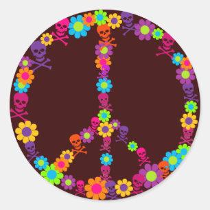 Pegatina Redonda Flor Power Skully Peace