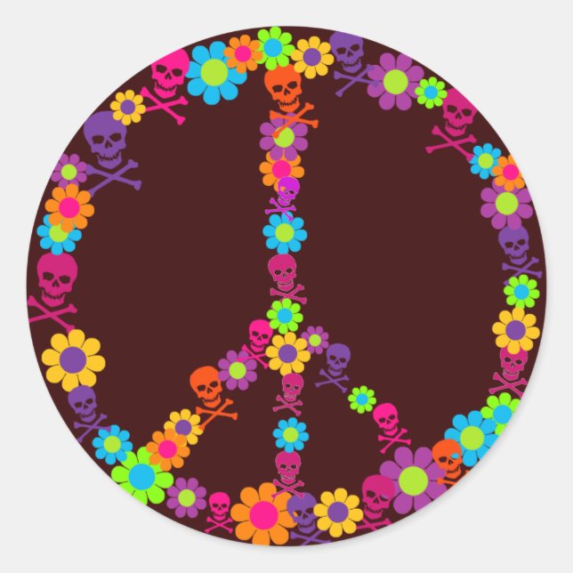 Pegatina Redonda Flor Power Skully Peace (Anverso)