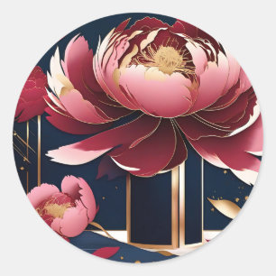 Pegatina Redonda Flor roja de Peonia Dorada