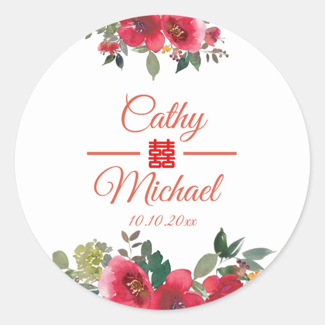 Pegatina Redonda Flor roja moderna doble felicidad boda chino (Anverso)