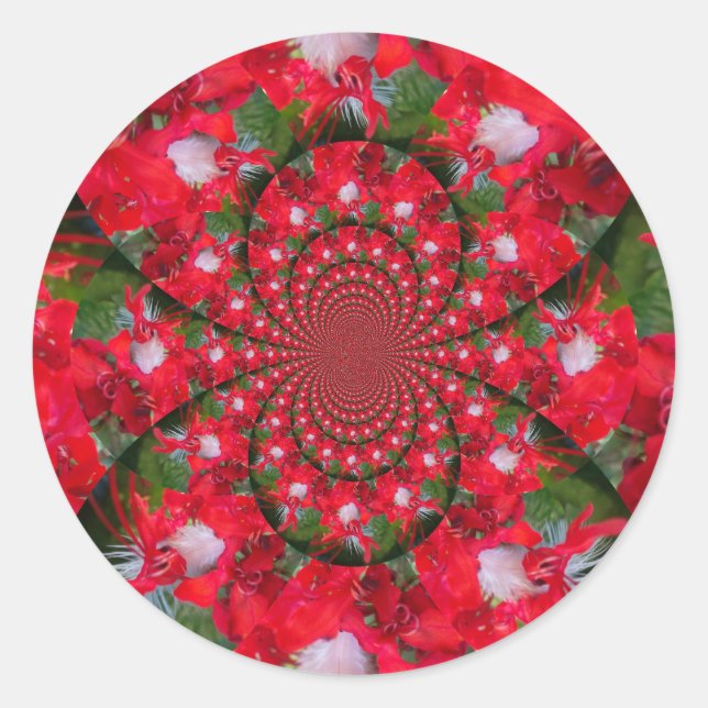 Pegatina Redonda Flor Roja Natural White Feather kaleidoscope arte (Anverso)