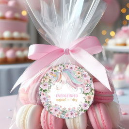 Pegatina Redonda Flor rosa de unicornio mágico, primer cumpleaños