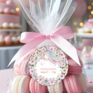 Pegatina Redonda Flor rosa de unicornio mágico, primer cumpleaños