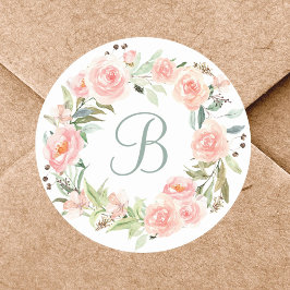 Pegatina Redonda Flor rosa pastel monogramada