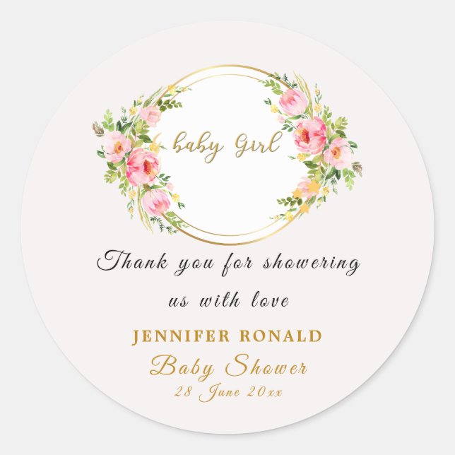 Pegatina Redonda Flor rosa y dorada Bebé ducha de bebé (Anverso)