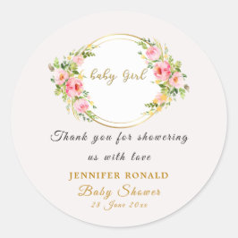 Pegatina Redonda Flor rosa y dorada Bebé ducha de bebé