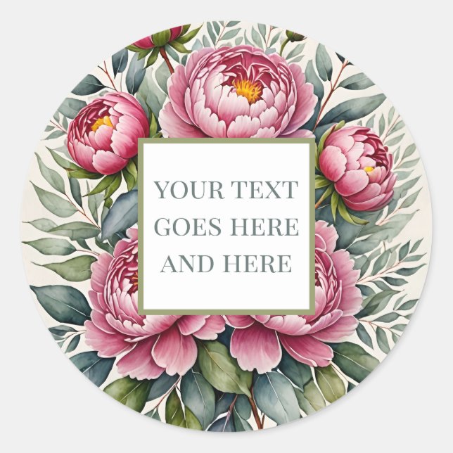 Pegatina Redonda flor rosada peonía hojas florales crean su propio  (Anverso)
