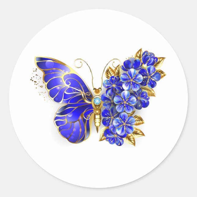 Pegatina Redonda Flor Sapphire Mariposa (Anverso)