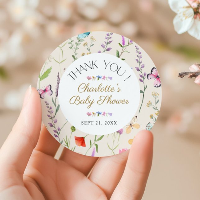 Pegatina Redonda Flor silvestre Baby Shower Gracias Por Favor (Wildflower Floral Baby Shower Thank You Favor Classic Round Sticker)