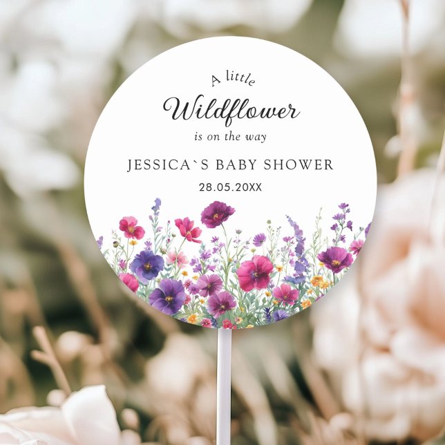 Pegatina Redonda Flor silvestre, Baby Shower morado-rosada (Personalized, Wildflower, Purple-Pink-Flower Baby Shower Classic Round Sticker with your Name & Date)