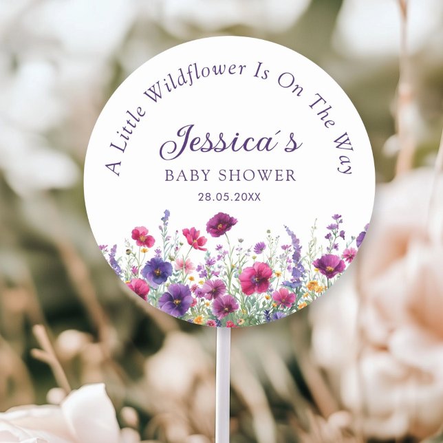 Pegatina Redonda Flor silvestre, Baby Shower morado-rosada (Personalized, Wildflower, Purple-Pink-Flower Baby Shower Classic Round Sticker with your Name & Date)