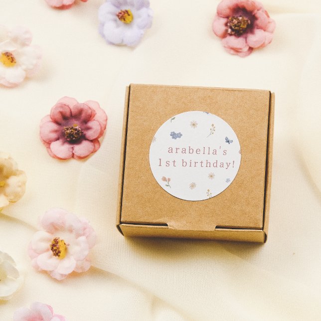 Pegatina Redonda Flor silvestre de agua de un boho 1er cumpleaños (Round Sticker Mock-up)