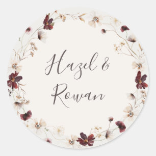Pegatina Redonda Flor silvestre de cobre de Borgoña Boda beige
