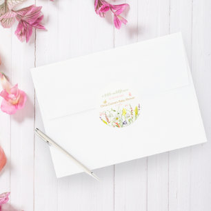 Pegatina Redonda Flor silvestre mariposa acuática Baby Shower