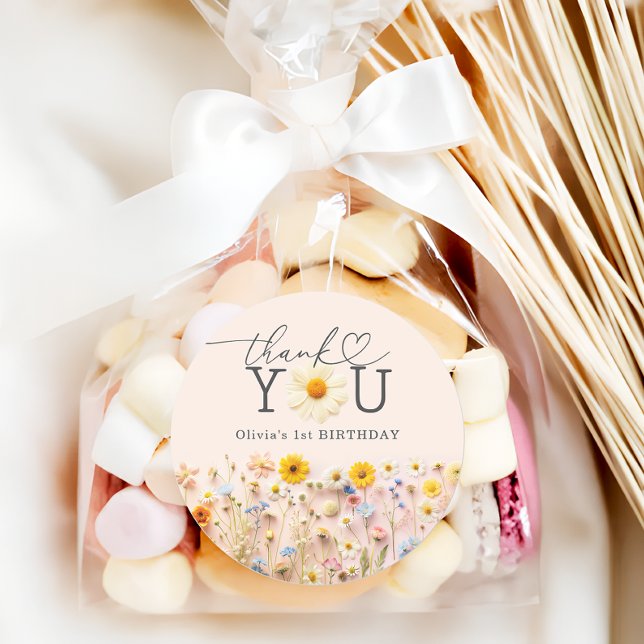 Pegatina Redonda Flor silvestre primer Fiesta de cumpleaños (Subido por el creador)