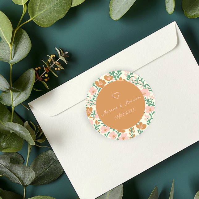 Pegatina Redonda Flor silvestre Vines Personalizado de boda elegant (Wildflower Vines Pink Green Elegant Wedding Custom Classic Round Sticker
)