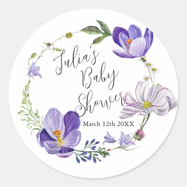 Pegatina Redonda Flor silvestre Violet Baby Shower (Anverso)