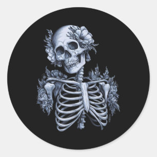 Pegatina Redonda Flor Skeleton Floral Skull Halloween Gothic・