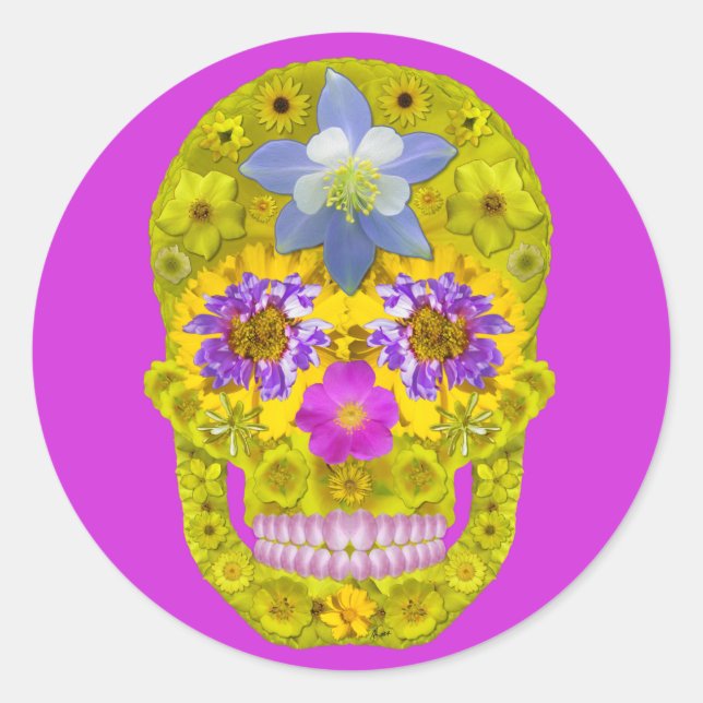 Pegatina Redonda Flor Skull 3 (Anverso)