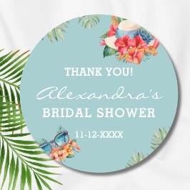 Pegatina Redonda Flor tropical Blue Beach Bridal Shower