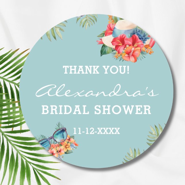 Pegatina Redonda Flor tropical Blue Beach Bridal Shower (Subido por el creador)