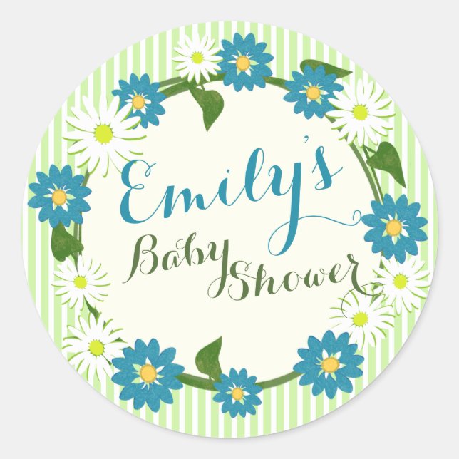 Pegatina Redonda Flor Wreath Baby Shower Blue (Anverso)