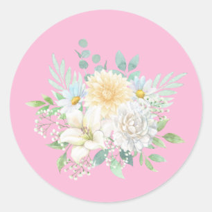 Pegatina Redonda Flora de color de agua rosa pastel de bonito