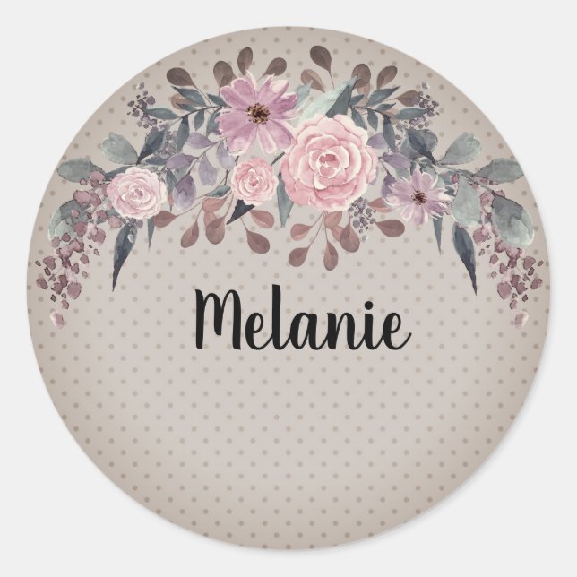 Pegatina Redonda Flora de flores de acuarela en monograma personali (Anverso)
