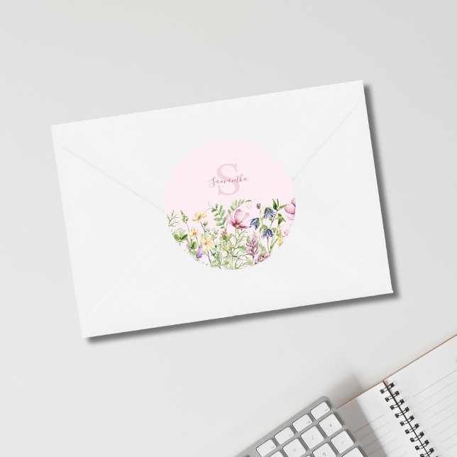Pegatina Redonda Flora de flores silvestres rosadas personalizadas (Subido por el creador)