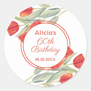 Pegatina Redonda Flora estilo Tulipán rojo primavera 60 cumpleaños
