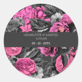 Pegatina Redonda Flora rosa negra | Boda floral de Moda moderna