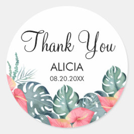 Pegatina Redonda Flora Tropical Pink Anthurium & Monstera Gracias