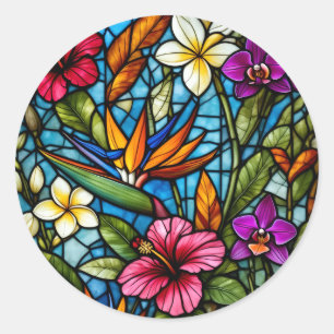 Pegatina Redonda Floración Tropical en Vidrio Pintado Floral Vibran
