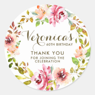 Pegatina Redonda Floral acuarela 60 cumpleaños gracias