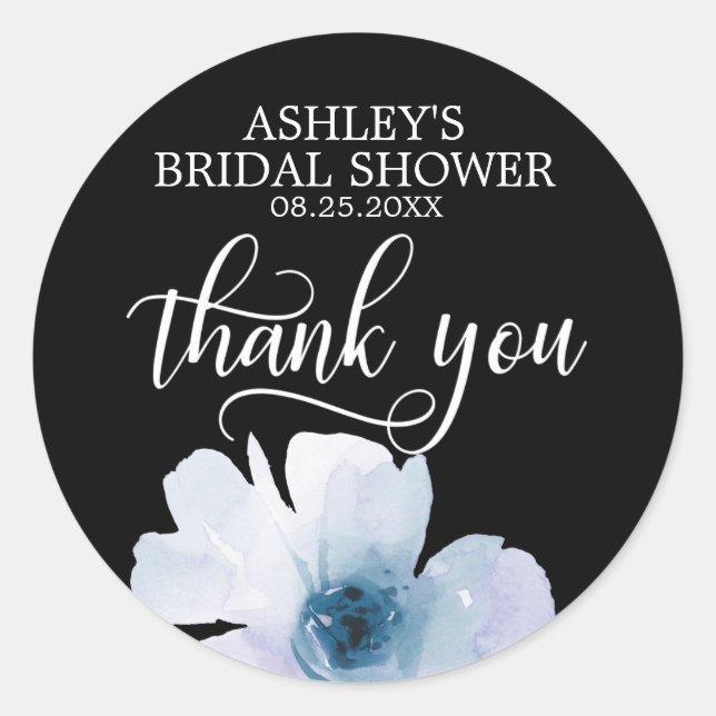 Pegatina Redonda Floral acuarela Azul Gracias Ducha Británica (Anverso)