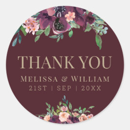 Pegatina Redonda Floral acuarela Borgoña Boda Gracias