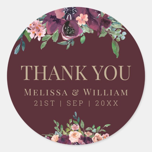 Pegatina Redonda Floral acuarela Borgoña Boda Gracias (Anverso)