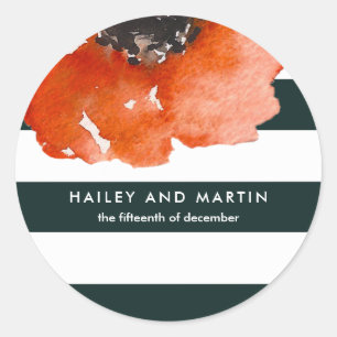 Pegatina Redonda Floral acuarela con Boda de franjas verdes oscuras