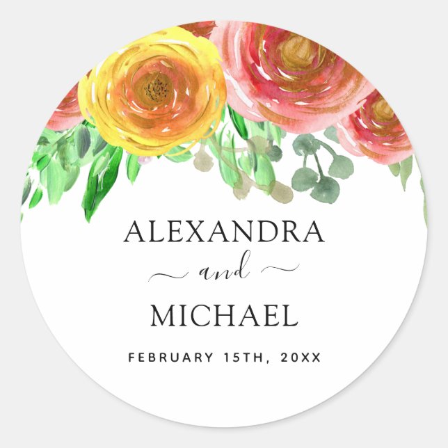 Pegatina Redonda Floral acuarela Moderna Elegante Primavera Boda (Anverso)