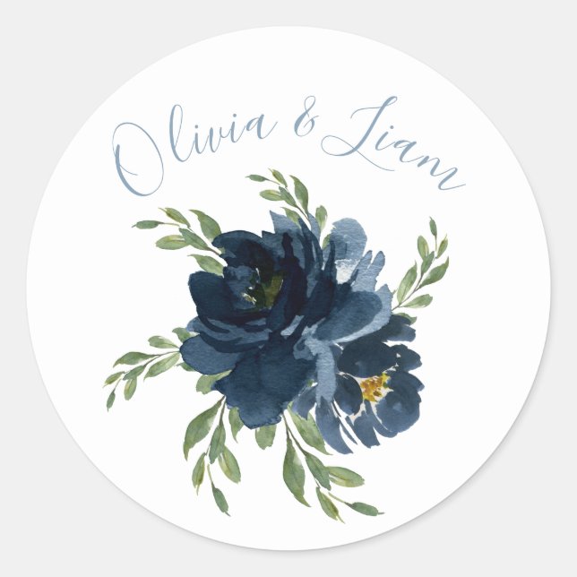 Pegatina Redonda Floral acuarela moderna Script Elegante Boda (Anverso)