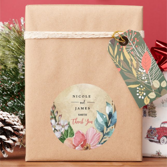 Pegatina Redonda Floral acuática de aspecto rústico (Vacaciones)