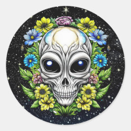 Pegatina Redonda Floral Alien Skull Arte AI extraterritorial