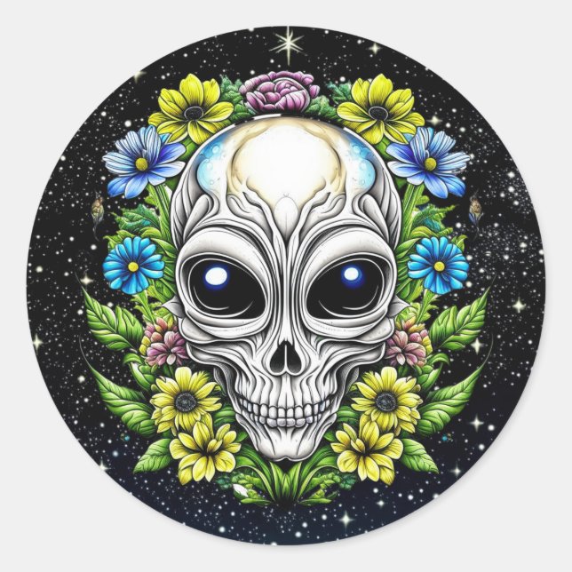Pegatina Redonda Floral Alien Skull Arte AI extraterritorial (Anverso)
