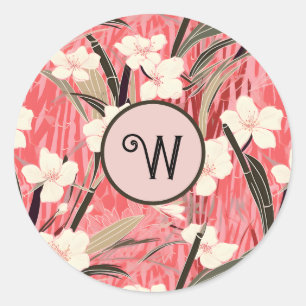 Pegatina Redonda Floral asiático rosa melocotón blanco chinoiserie